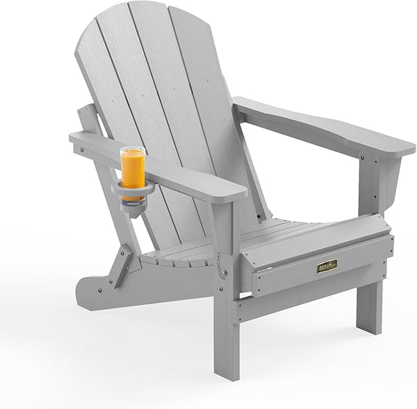SERWALL Folding Adirondack Chair with Cup Holder for Patio Garden Outdoors Fire Pit- Spanish Gray - Photo 1
