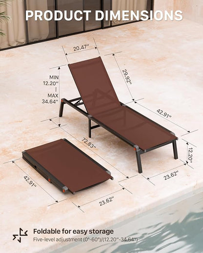 Aluminum Patio Chaise Lounge Chair Set of 2 with Side Table,5-Position Adjustable Backrest,Foldable Lounge Chair Outdoor,Pool Lounge Chairs for Poolside,Lawn,Deck,Beach (Brown, 2 Pack+Table)