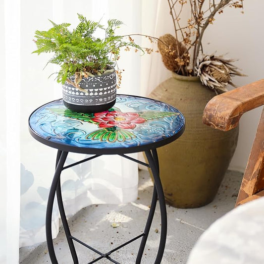 VCUTEKA Patio Side Table Outdoor Accent Table Bistro Coffee Table Plant End Table Small Porch Table Indoor Round Glass Balcony Plant Table Stands Hummingbird 14''