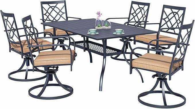 SUNCROWN 7-Pieces Outdoor Dining Set Metal Swivel Cushioned Chairs Patio Furniture Sets with Steel Slat Bistro Table for Backyard, Lawn, Garden, Deck, Poolside