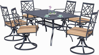 SUNCROWN 7-Pieces Outdoor Dining Set Metal Swivel Cushioned Chairs Patio Furniture Sets with Steel Slat Bistro Table for Backyard, Lawn, Garden, Deck, Poolside