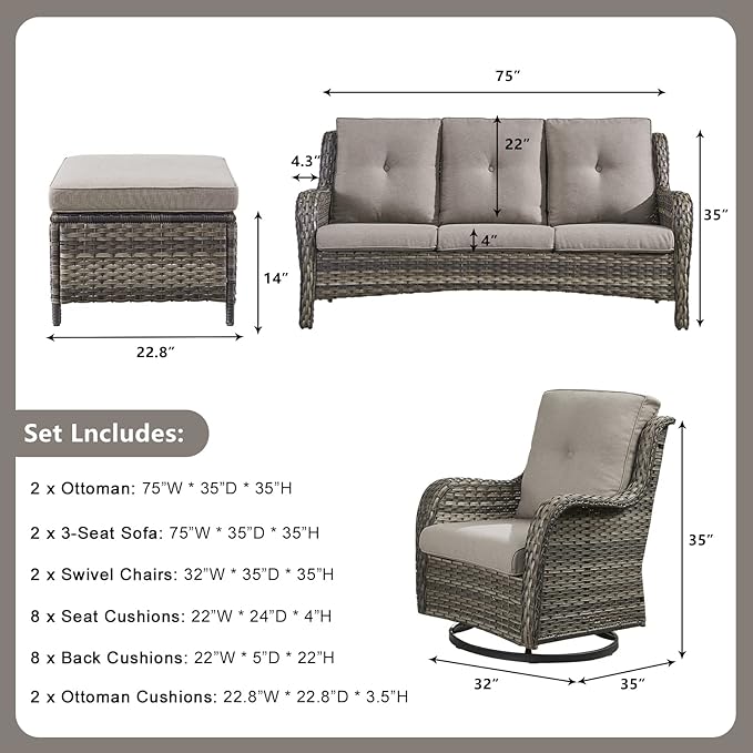 Rilyson Wicker Patio Furniture Set - 6 Piece Rattan Outdoor Sectional Conversation Sets with 2 Rocking Swivel Chairs - Photo 3