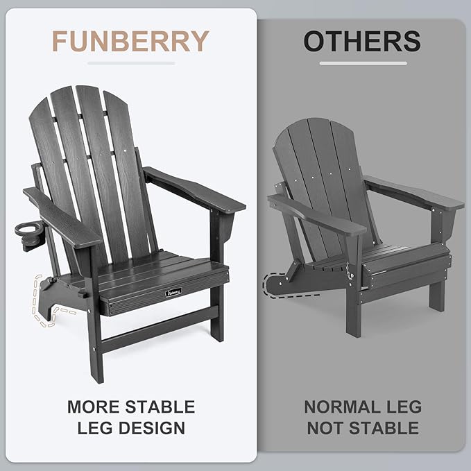 FUNBERRY Folding Adirondack Chairs Set of 2, HDPE Stable Gun-Leg Design Fire Pit Chairs with Cupholder All Weather for Outside