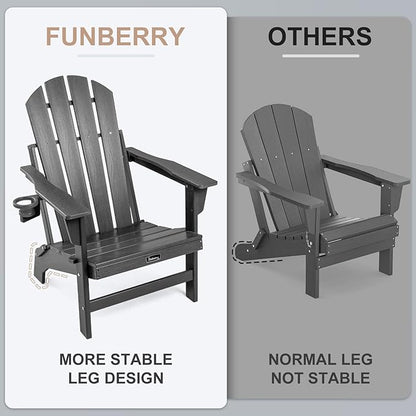 FUNBERRY Folding Adirondack Chairs Set of 2, HDPE Stable Gun-Leg Design Fire Pit Chairs with Cupholder All Weather for Outside