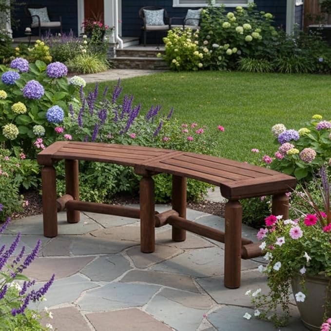 FORTUNO Outdoor Wooden Curved Backless Porch Bench Rustic Style Cedar/Fir Wood Log Fire Pit Bench for Patio Garden Deck - Photo 1