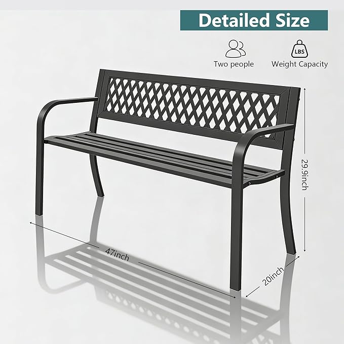 Outdoor Garden Bench, Weatherproof Metal Park Bench for Garden Lawn Porch Park Backyard, Sturdy Steel Patio Bench with Ergonomic Backrest for Front Porch Entryway Outside Seating, Black