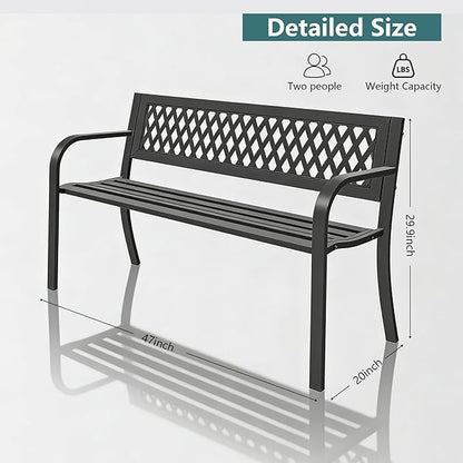 Outdoor Garden Bench, Weatherproof Metal Park Bench for Garden Lawn Porch Park Backyard, Sturdy Steel Patio Bench with Ergonomic Backrest for Front Porch Entryway Outside Seating, Black