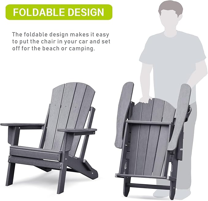 ATR ART TO REAL Folding Adirondack Chairs, HDPE Weather Resistant Outdoor Firepit Chairs with Cup Holder, Patio Folding Chairs for Garden, Lawn, Backyard, Deck, Fire Pit(Grey)