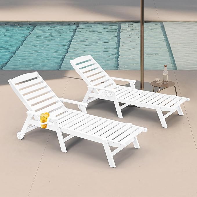 HDPE Outdoor Chaise Lounge Set of 2, 5-Position Adjustable Outdoor Lounger with Wheels & Cup Holder, 78.4'' Poly Lounge Chairs, HDPE Patio Lounge Chairs for Deck, Backyard, Poolside, Pearl