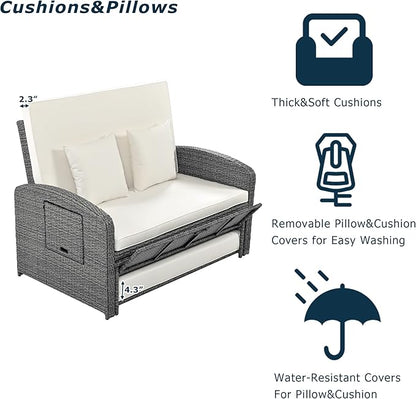 Modern Outdoor Rattan Double Chaise Lounge,2-Person Reclining Sunbed with 3-Height Adjustable Back,for Porch Lawn Garden Backyard Poolside (White@N)
