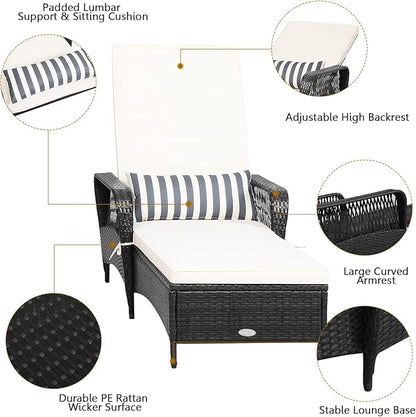 HAPPYGRILL Patio Chaise Lounge Chair Outdoor Rattan Wicker Recliner with Thick Cushion, Lumbar Pillow, Adjustable Backrest for Garden Porch Lawn Poolside