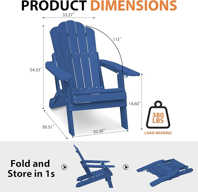 Clihome Outdoor Adirondack Chair Folding Lounge Chairs for Outside Patio Chairs Lawn Chair Plastic Adirondack Chairs for Yard, Garden