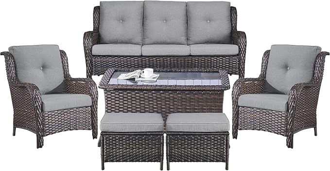 Belord Patio Wicker Sofa Set 6 Pieces Patio Furniture Set Outdoor Couch, 2 Patio Wicker Chairs with 1 Sofa, Coffee Table and Ottomans, Patio Conversation Set for Porch Garden Deck Balcony Poolside