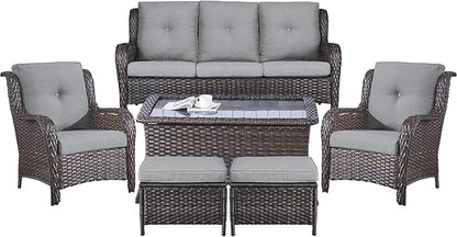 Belord Patio Wicker Sofa Set 6 Pieces Patio Furniture Set Outdoor Couch, 2 Patio Wicker Chairs with 1 Sofa, Coffee Table and Ottomans, Patio Conversation Set for Porch Garden Deck Balcony Poolside