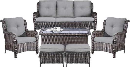 Belord Patio Wicker Sofa Set 6 Pieces Patio Furniture Set Outdoor Couch, 2 Patio Wicker Chairs with 1 Sofa, Coffee Table and Ottomans, Patio Conversation Set for Porch Garden Deck Balcony Poolside