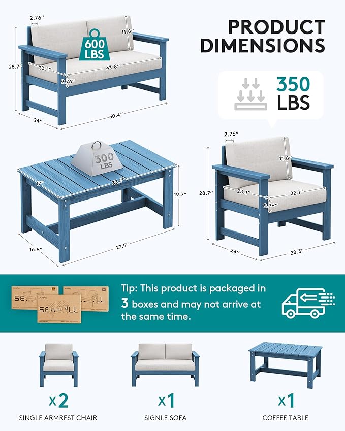 SERWALL 4 Pieces HDPE Outdoor Sofa Set with Cushions, All Weather Use Conversation Couch Set - Photo 2
