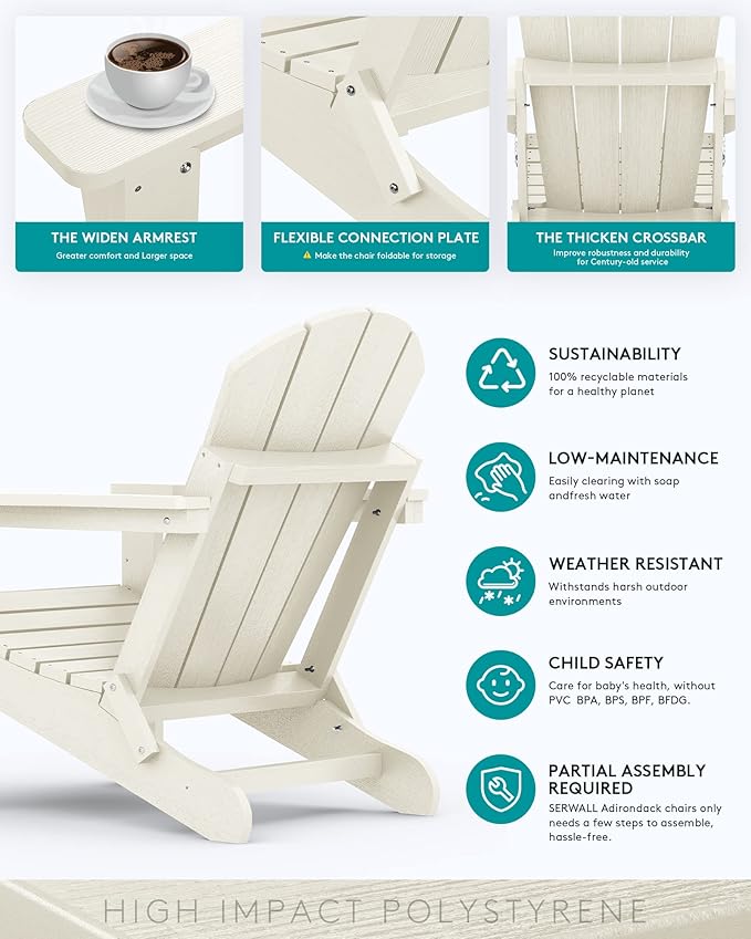 SERWALL Folding Adirondack Chair Set of 6 - Folding Adirondack Chairs with Cup Holder - Photo 5
