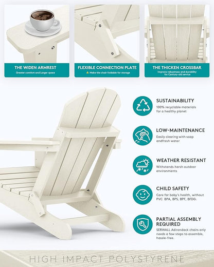 SERWALL Folding Adirondack Chair Set of 6 - Folding Adirondack Chairs with Cup Holder, HIPS Outdoor Chairs Weather Resistant Fire Pit Chairs- White
