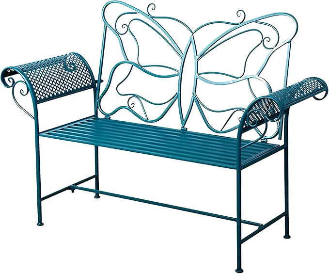 Small Outdoor Bench for Porch Metal Garden Benches with Butterflies Pattern Backrest and Armrests for Garden, Porch, Yard (White, Black, Blue) (Color : Blue)
