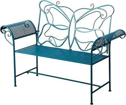 Small Outdoor Bench for Porch Metal Garden Benches with Butterflies Pattern Backrest and Armrests for Garden, Porch, Yard (White, Black, Blue) (Color : Blue)