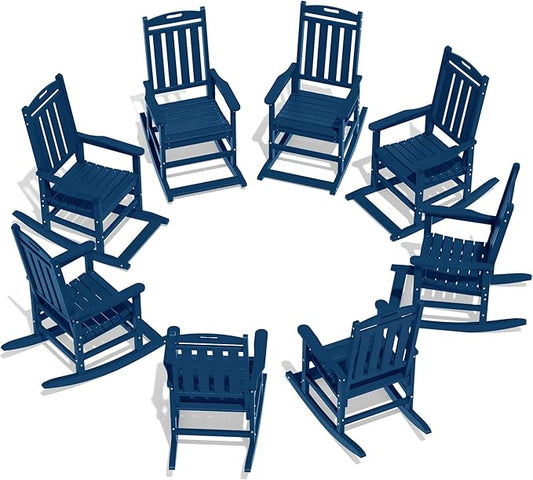 LOUNZY Outdoor Rocking Chair with Footboards Set of 8, HDPE Rocking Chair Patio Porch Rocker with 380lbs Support for Adult, Navy