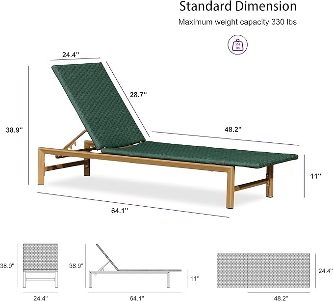 PURPLE LEAF Patio Chaise Lounge Chairs Outdoor 1 Piece, Wicker Pool Lounge Chairs for Outside with Adjustable Backrest, Aluminum Sunbathing Lounger for Patio, Poolside, Garden, Green