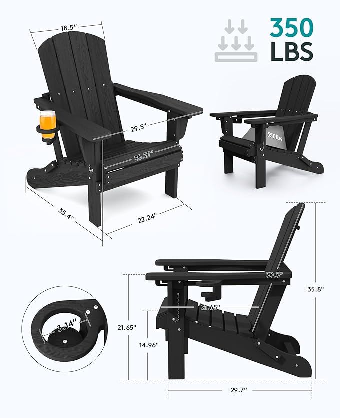 SERWALL 5-Piece Adjustable Adirondack Chair and Ottoman and Table Set, Black - Photo 5