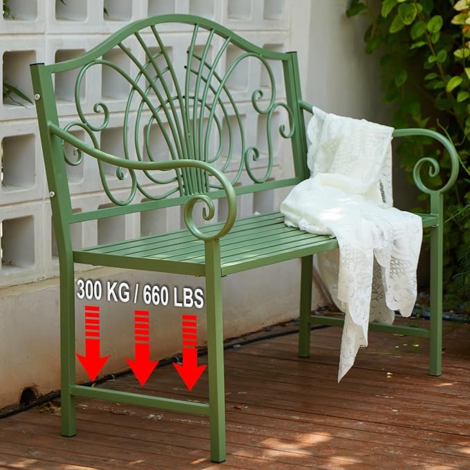 Green Metal Garden Bench, Outdoor Patio Bench with Elegant Backrest Design, Weather Resistant, 2-Person Seating, for Lawn, Park, Patio, Max Load 660 LBS