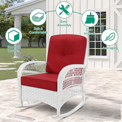VIVIJASON 2 Piece Patio Wicker Rattan Rocker Chair, Outdoor Rattan Rocker Chair with Cushions & Steel Frame, All-Weather Rocking Lawn Wicker Furniture for Garden Backyard Porch (White Wicker/Red)