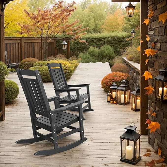 TenKa HDPE Patio Oversized Rocking Chair Set of 2, Outdoor Rocking Chair for Adults, All Weather Resistant Porch Rocker for Lawn Garden