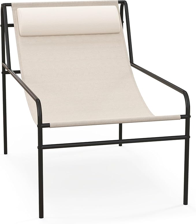 Tangkula Patio Sling Lounge Chair, Modern Sling Accent Chair w/Removable Headrest Pillow, Heavy-Duty Metal Frame, Breathable Seat Fabric, Leisure Chair for Indoor Outdoor, 350 lbs Max Load (1)