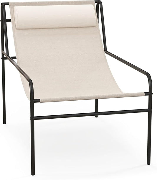 Tangkula Patio Sling Lounge Chair, Modern Sling Accent Chair w/Removable Headrest Pillow, Heavy-Duty Metal Frame, Breathable Seat Fabric, Leisure Chair for Indoor Outdoor, 350 lbs Max Load (1)