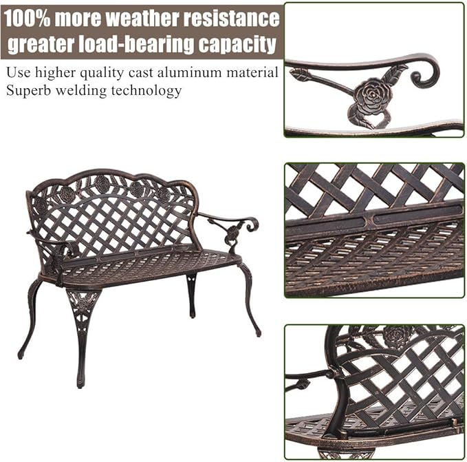 LEEXCCOS Updated Version & Stronger 42.5" Metal Garden Benches for Outdoors, More Weather Resistant Park Bench Metal Bench Leisure Rose Chair for 2 Person Seat, Patio Front Porch Furniture (Bronze)