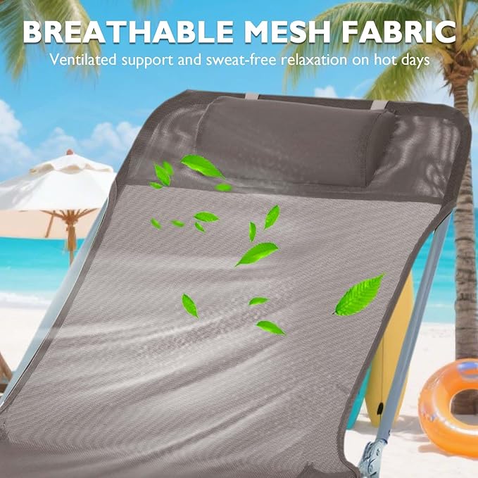Folding Chaise Lounge Chair, Pool Sun Tanning Chair, Outdoor Lounge Chair with 5-Position Reclining Back, Breathable Mesh Seat, Headrest for Beach, Yard, Patio(Brown)