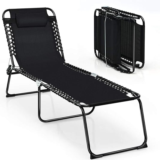 Giantex Chaise Lounge Chair Outdoor - Patio Lounge Chair w/Pillow, 4-Level Adjustable Backrest, 2-Level Footrest, Heightened 16” Pool Lounger for Beach, Lawn, Tanning Chairs for Outside (1, Black)