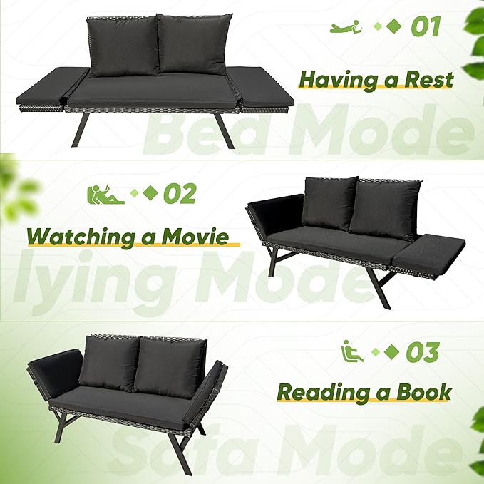 Greesum Outdoor Sofa, Woven Rattan Patio Furniture, Convertible Daybed or Double Chair with Adjustable Armrests - Photo 5