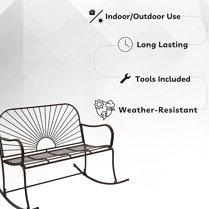 XBrand 44.5" L Iron Sun-Patterned Seat for Two Indoor/Outdoor Rocking Glider Bench, Durable Patio Glider Bench, Brown - Photo 6