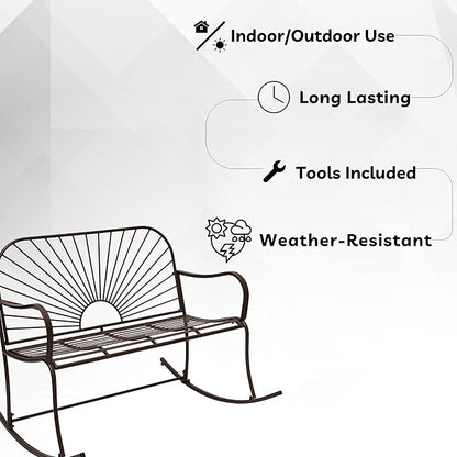 XBrand 44.5" L Iron Sun-Patterned Seat for Two Indoor/Outdoor Rocking Glider Bench, Durable Patio Glider Bench, Brown