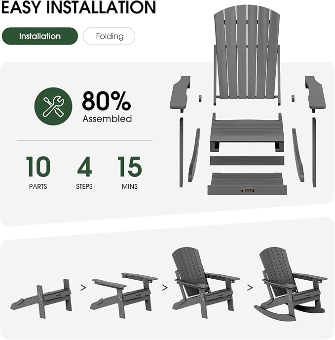 Adirondack Rocking Chair with Retractable Ottoman Set of 2, 4-in-1 Foldable Reclining Patio Chair, HDPE Wood-Look Outdoor Rocker for Porch, Garden & Poolside, Grey