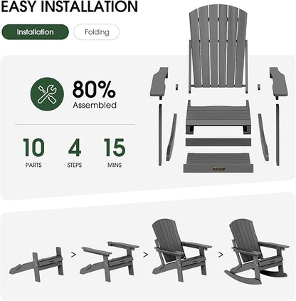 Adirondack Rocking Chair with Retractable Ottoman Set of 2, 4-in-1 Foldable Reclining Patio Chair, HDPE Wood-Look Outdoor Rocker for Porch, Garden & Poolside, Grey