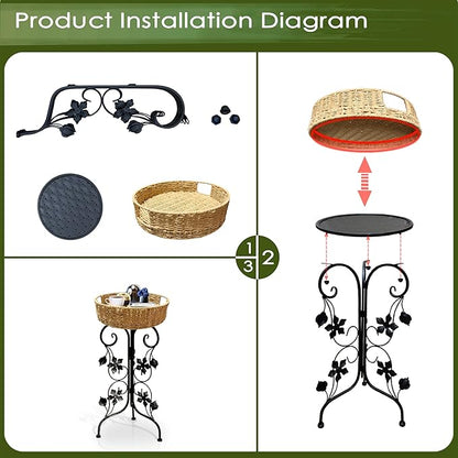 Outdoor Metal Patio Folding Side Table with Removable Wicker Tray, Boho Woven Rattan Plant Stand, Small Round Coffee end Table (Seagrass, Black)