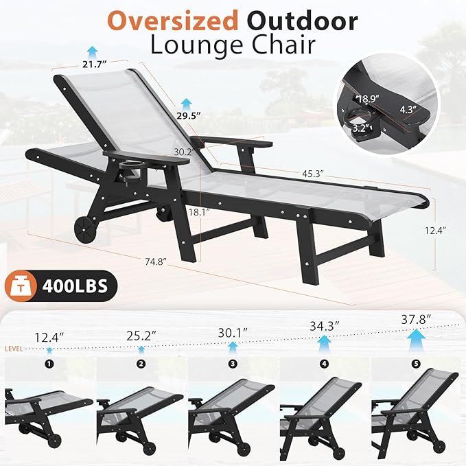Outdoor Chaise Lounge Chair Set of 2, 5-Position Adjustable Pool Lounge Chair with Wheels & Cup Holder - Photo 3