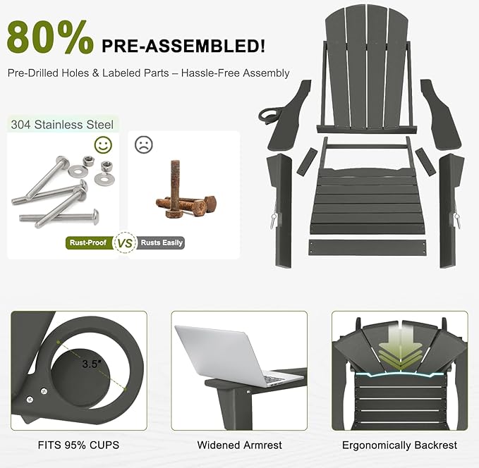 Outdoor Rocking Chair, HDPE Poly All-Weather Patio Rocking Chairs with Cup Holder for Adults, Porch Rocker for Deck Patio Balcony, 440lbs, Dark Gray
