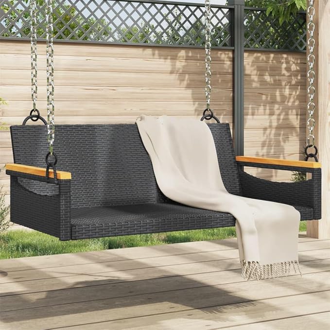 Swing Bench Black PE Rattan with Powder-Coated Steel Frame and Solid Acacia Wood Seat, 4-Piece Outdoor Furniture Set for Patio Garden Balcony Relaxation, Durable