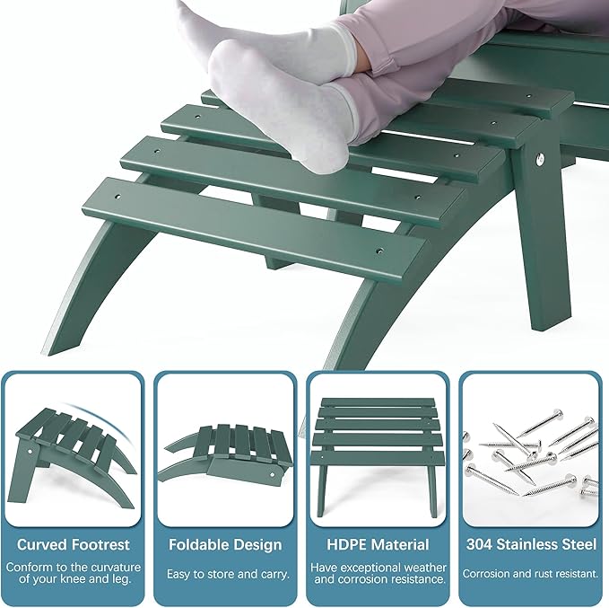 Adirondack Ottoman Set of 4, Folding Adirondack Ottoman for Adirondack Chair, HDPE All Weather Outdoor Footstool for Patio, Backyard, Porch, Garden, Dark Green