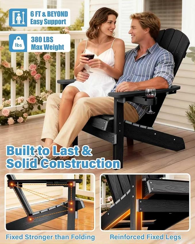 YEFU Adirondack Chair for Outdoor Patio: Zero Gravity Fire Pit Chair Plastic with Cup Holder & Wood Texture - Sturdy All-Weather HIPS for Backyard Poolside Lawn - Easy Assembly(Black)