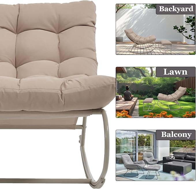 Rocking Chair Outdoor Set of 2, Extra Wide Outdoor Chair with Cushion, Patio Rocking Chairs with Ottoman, Patio Papasan Rocking Chairs for Porch, Garden, Lawn, Khaki