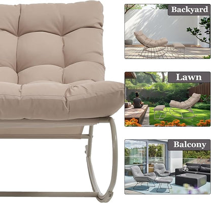 Rocking Chair Outdoor Set of 2, Extra Wide Outdoor Chair with Cushion, Patio Rocking Chairs with Ottoman, Patio Papasan Rocking Chairs for Porch, Garden, Lawn, Khaki