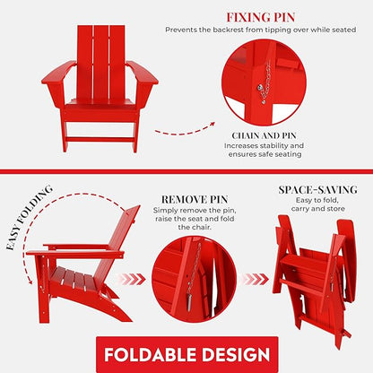 Costaelm Folding Adirondack Chairs, Outdoor Patio Adjustable Lawn Chairs, Weather Resistant Outside Firepit Chairs for Porch, Poolside, Garden, Backyard Deck, Red