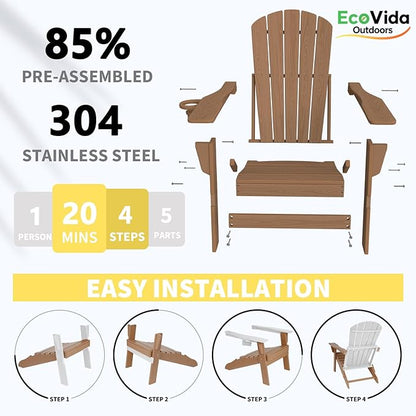 Upgraded Folding Adirondack Chair with All-Weather Cup Holder-EcoVida, Premium Wood Grain Texture, HDPE Waterproof, Suitable for Fire Pit, Patio, Porch, Cedar